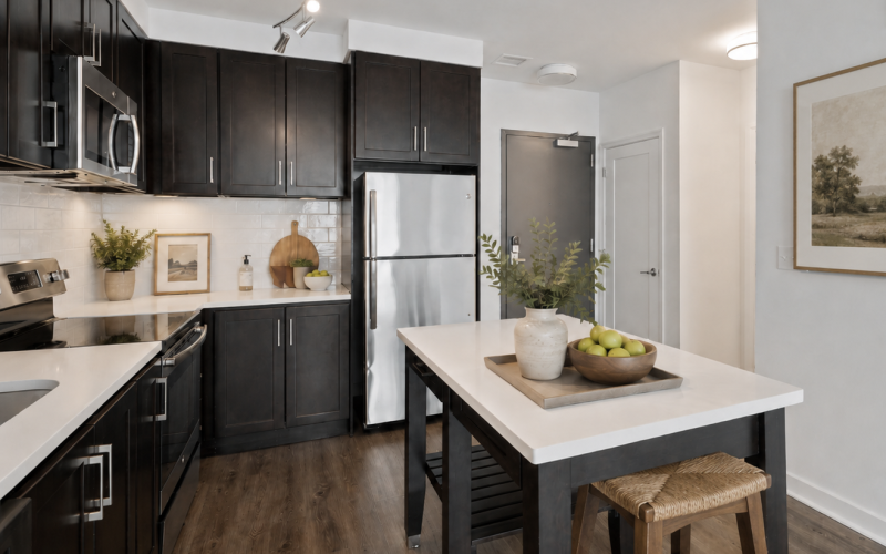 Gourmet kitchen featuring rich cabinetry, island seating, and stainless steel appliances at Array at West Alex