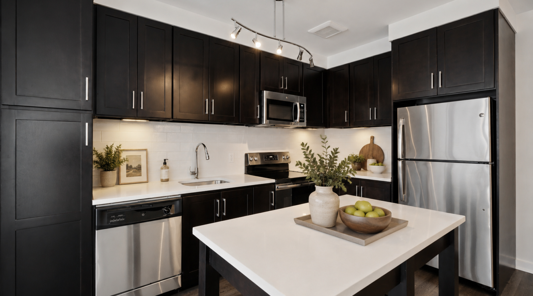Gourmet kitchen featuring rich cabinetry, island seating, and stainless steel appliances at Array at West Alex