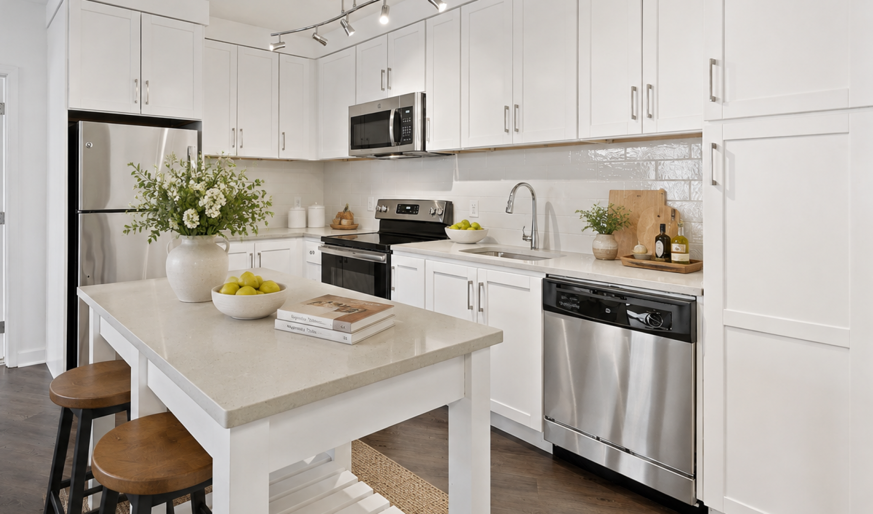 Modern open-concept apartment kitchen with white cabinetry, granite countertops, and stainless steel appliances at Array West Alex