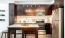 a kitchen with dark wood cabinets